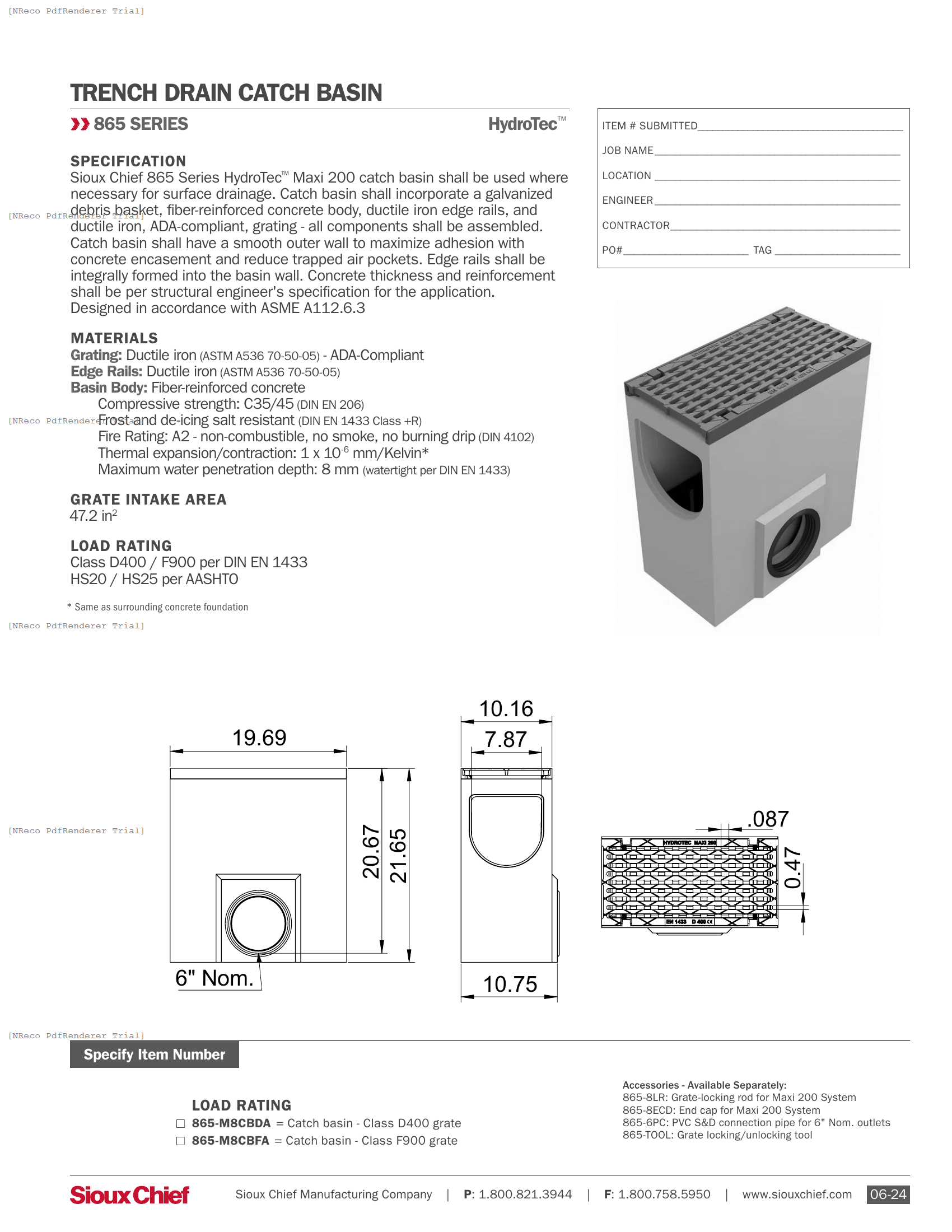 865 SERIES - HYDROTEC MAXI 200 CATCH BASIN - SPEC SHEET.PDF Specification Document